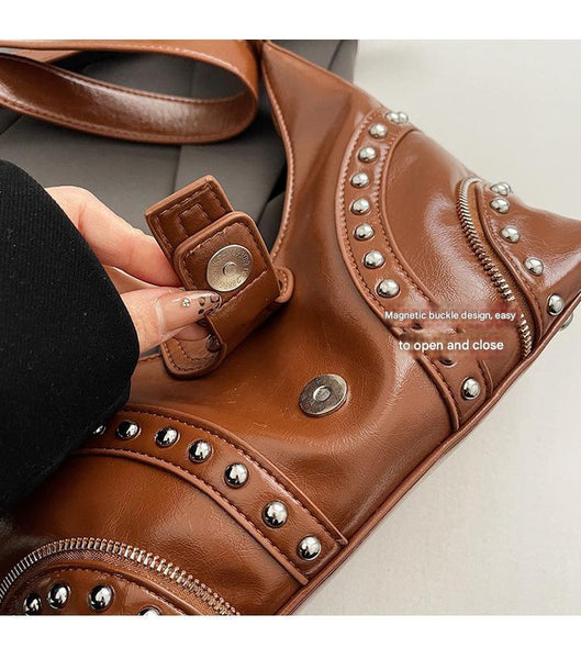 Faux PU Leather Studded Crossbody Shoulder Bag Adjustable Strap Brown