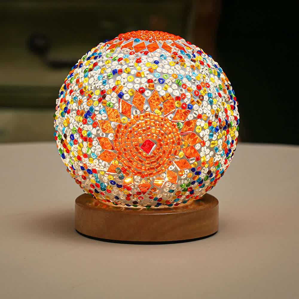 Handmade Mosaic Sphere Ball Glass Bedside Table Lamp Light USB 10cm Orange