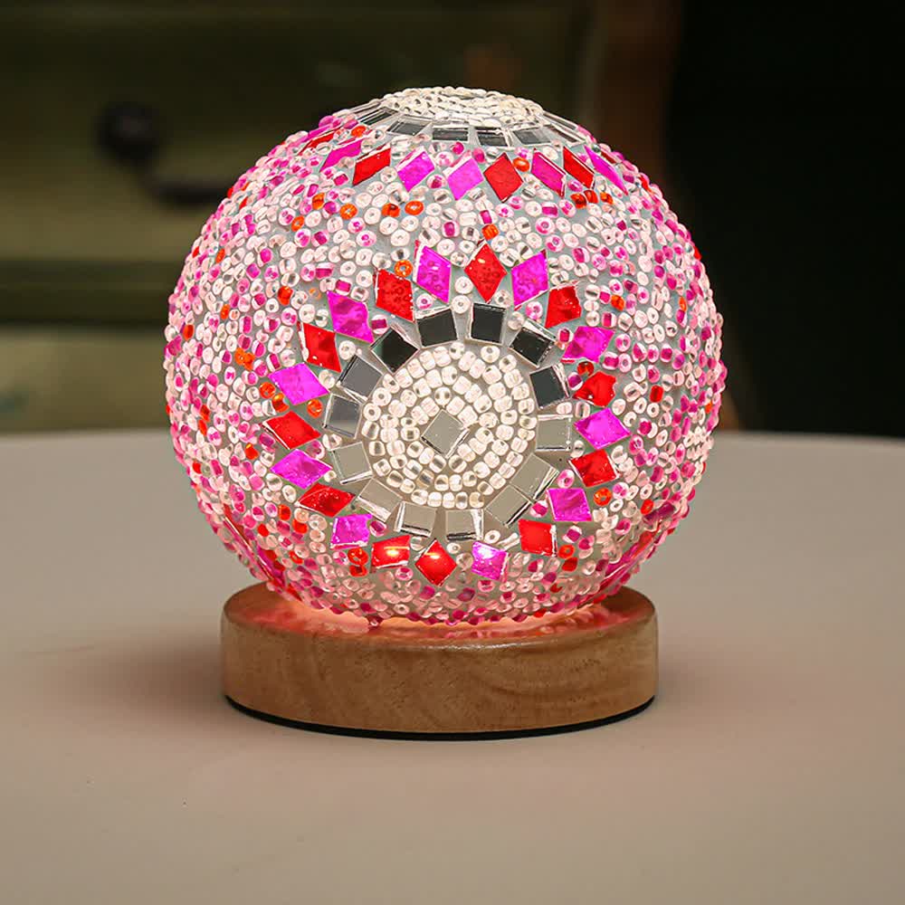 Handmade Mosaic Sphere Ball Glass Bedside Table Lamp Light USB 10cm Pink