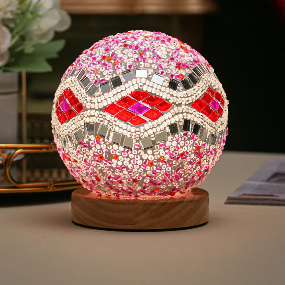 Handmade Mosaic Sphere Ball Glass Bedside Table Lamp Light USB 10cm Pink Diamond