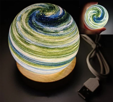 LED Planet Sphere Bedside Table Night Light Lamp Wooden Base USB Green Blue