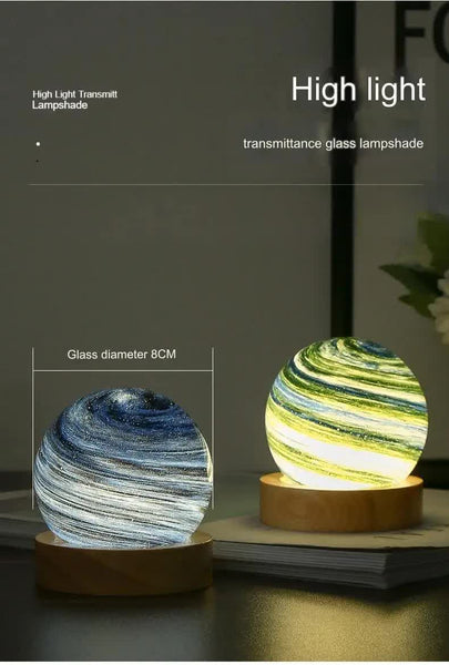 LED Planet Sphere Bedside Table Night Light Lamp Wooden Base USB Brown Blue