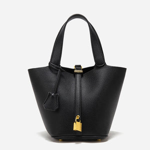 Women's PU Leather Tote Shoulder Bag Handbag Gold Lock Detail Black