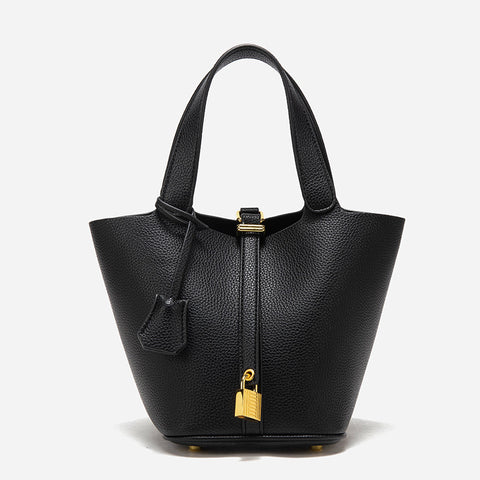 Women's PU Leather Tote Shoulder Bag Handbag Gold Lock Detail Black