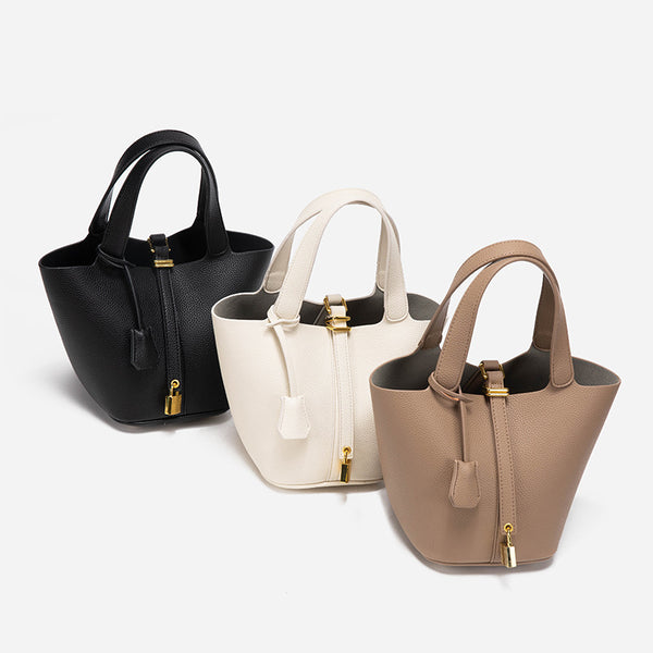 Women's PU Leather Tote Shoulder Bag Handbag Gold Lock Detail Black