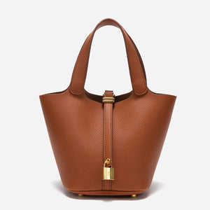 Women's PU Leather Tote Shoulder Bag Handbag Gold Lock Detail Brown