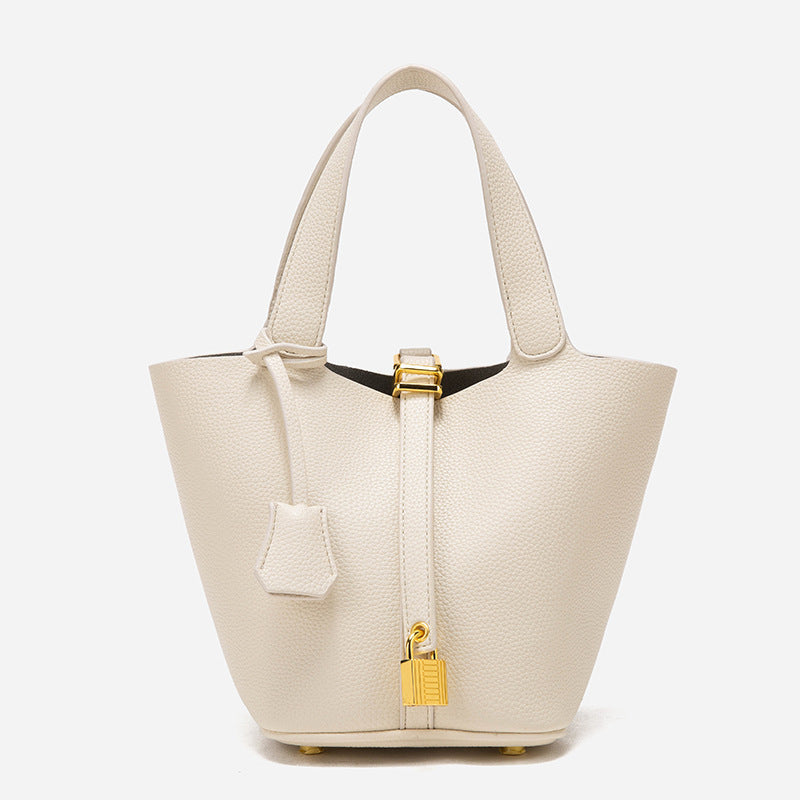 Women's PU Leather Tote Shoulder Bag Handbag Gold Lock Detail Beige