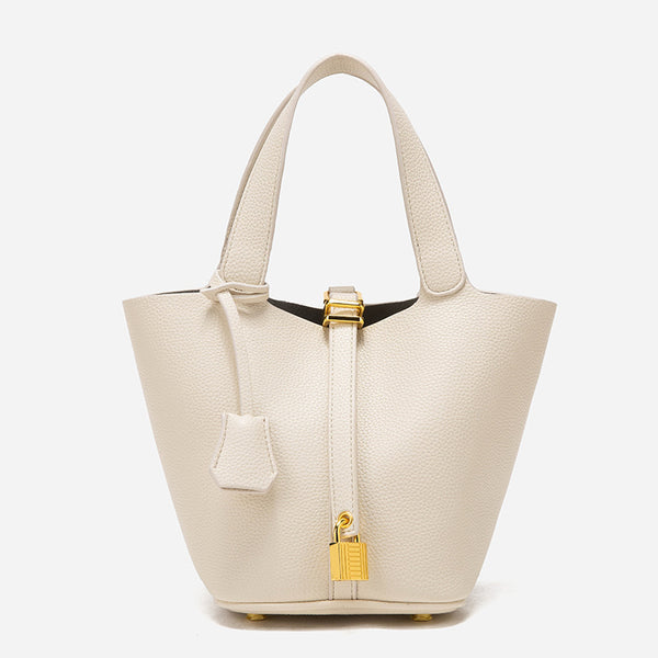 Women's PU Leather Tote Shoulder Bag Handbag Gold Lock Detail Beige