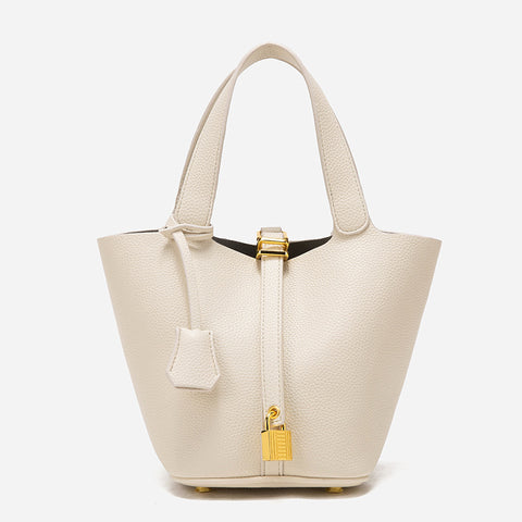 Women's PU Leather Tote Shoulder Bag Handbag Gold Lock Detail Beige