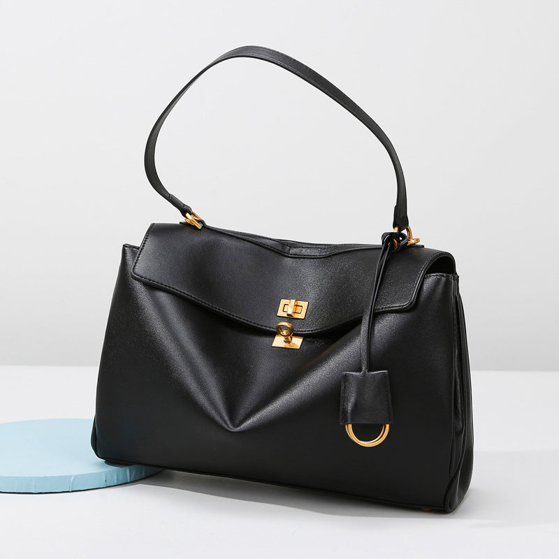 PU Leather Shoulder Bag Handbag Gold Accents Top Handle Black
