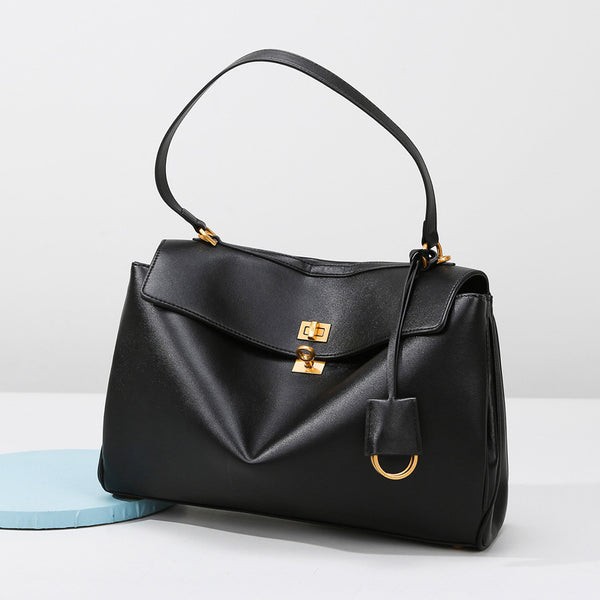 PU Leather Shoulder Bag Handbag Gold Accents Top Handle Black
