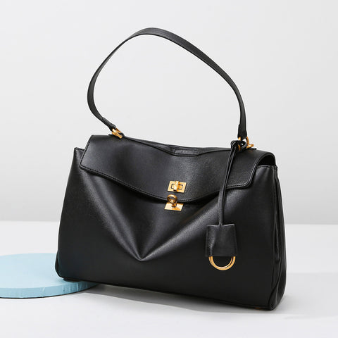 PU Leather Shoulder Bag Handbag Gold Accents Top Handle Black