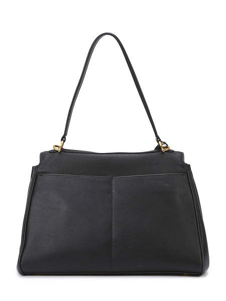 PU Leather Shoulder Bag Handbag Gold Accents Top Handle Black
