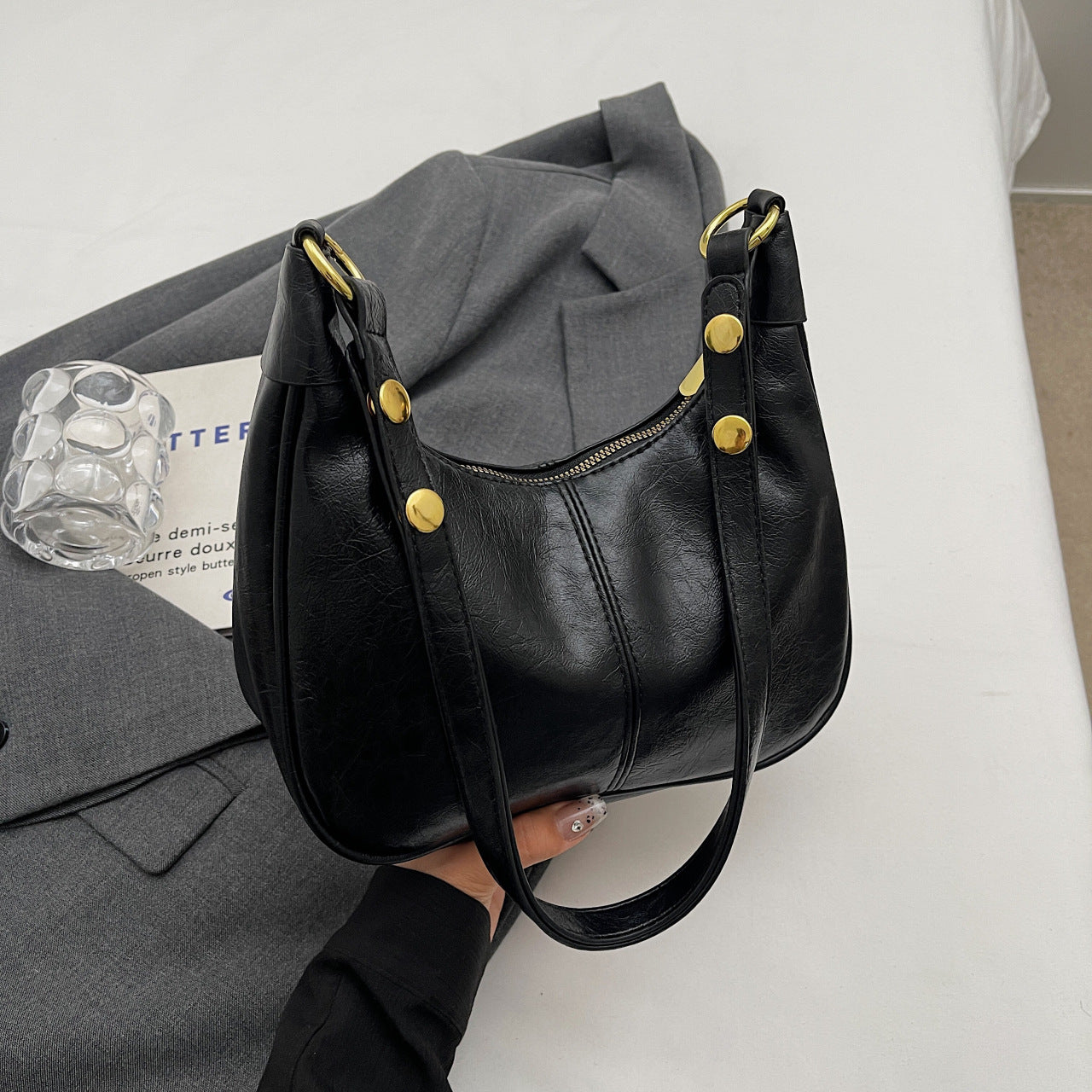 PU Faux Leather Vintage Look Hobo Curved Shoulder Bag Handbag Black