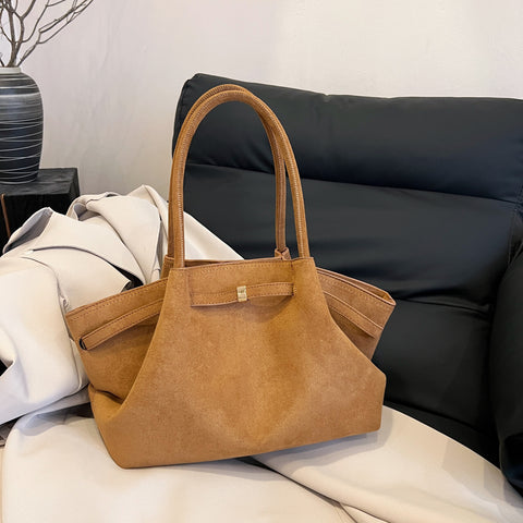 Faux Suede Soft Tote Shoulder Bag Handbag Brown