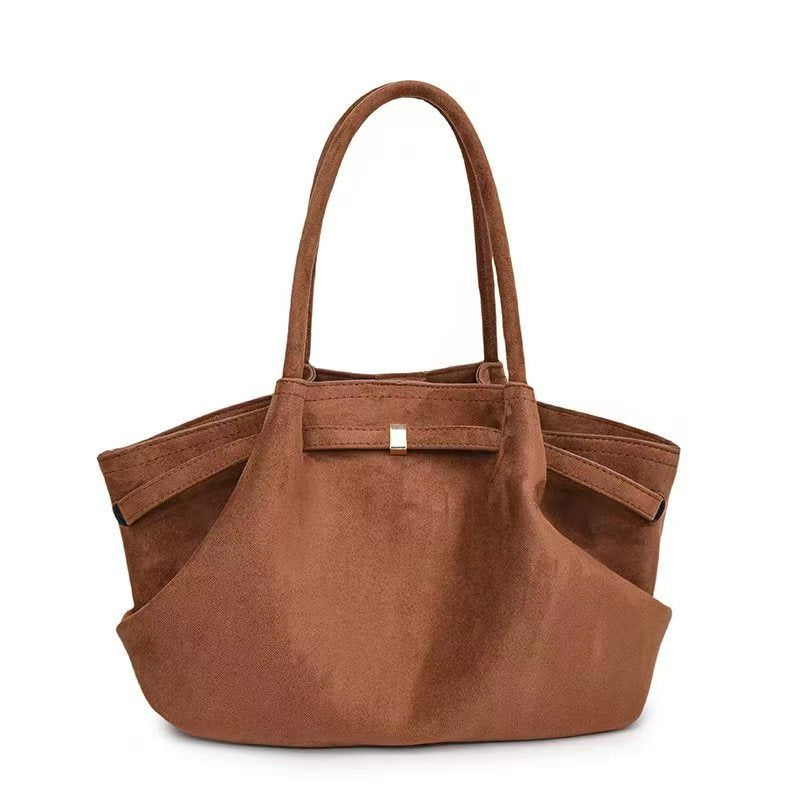 Faux Suede Soft Tote Shoulder Bag Handbag Dark Brown