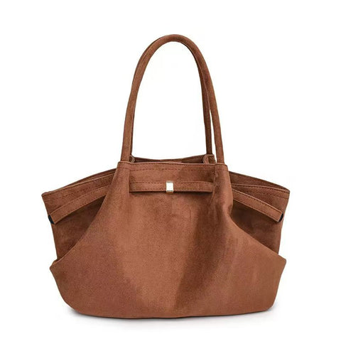Faux Suede Soft Tote Shoulder Bag Handbag Dark Brown