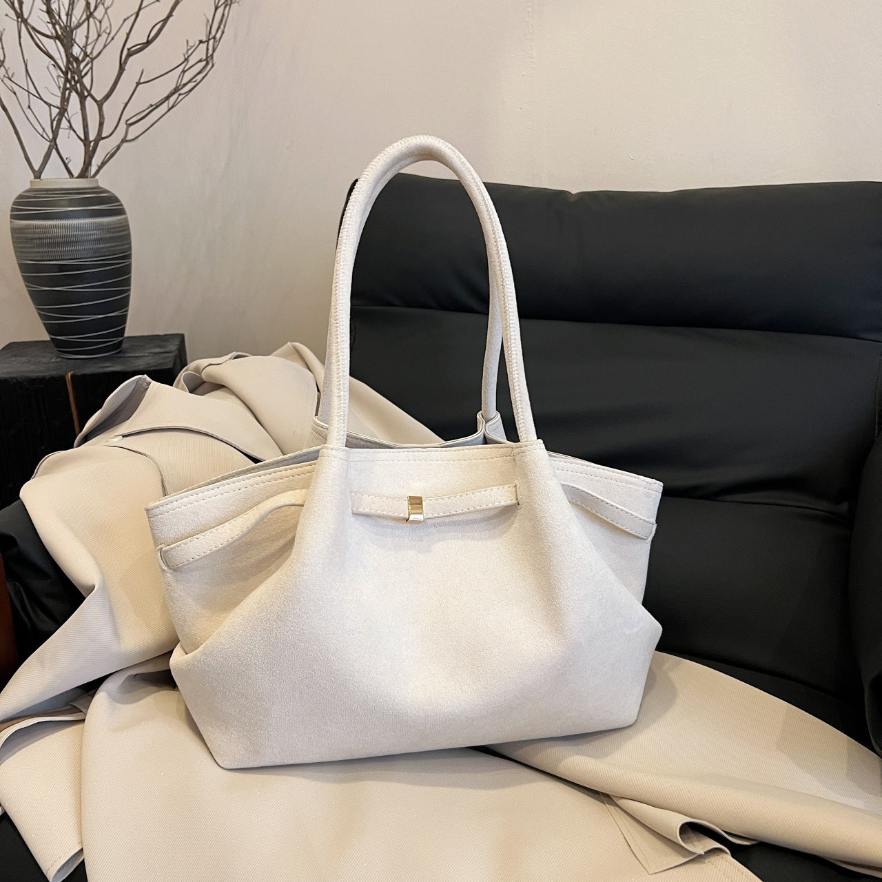 Faux Suede Soft Tote Shoulder Bag Handbag Beige