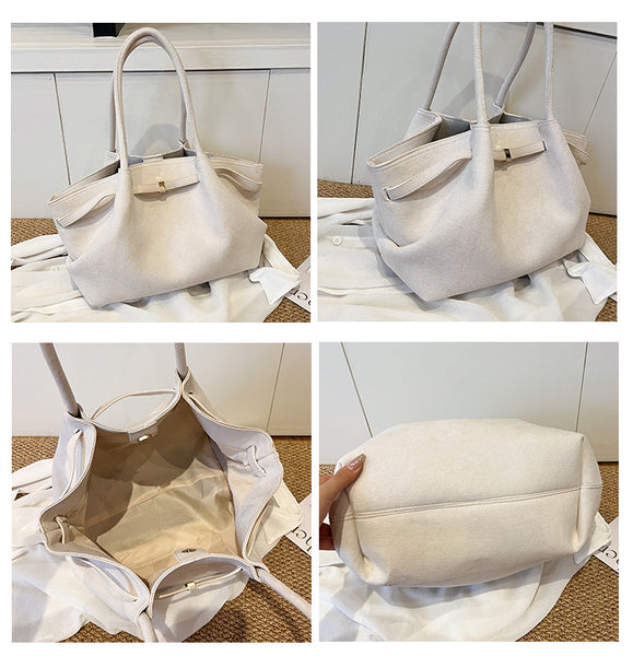 Faux Suede Soft Tote Shoulder Bag Handbag Beige
