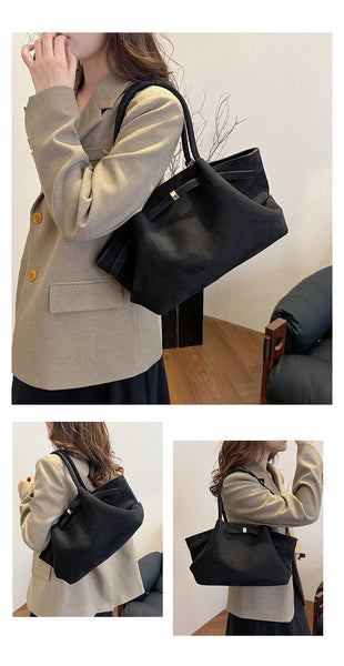 Faux Suede Soft Tote Shoulder Bag Handbag Dark Black