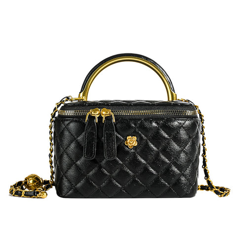 Elegant Quilted Evening Mini Box Handbag Chain Strap Metal Handle Black