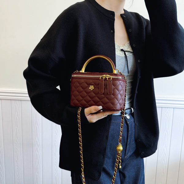 Elegant Quilted Evening Mini Box Handbag Chain Strap Metal Handle Black