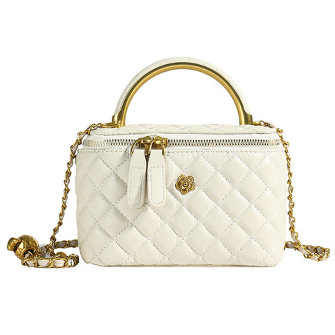 Elegant Quilted Evening Mini Box Handbag Chain Strap Metal Handle White