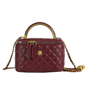Elegant Quilted Evening Mini Box Handbag Chain Strap Metal Handle Wine Red