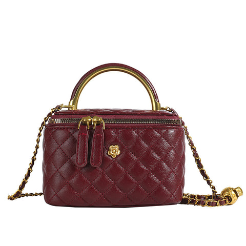 Elegant Quilted Evening Mini Box Handbag Chain Strap Metal Handle Wine Red
