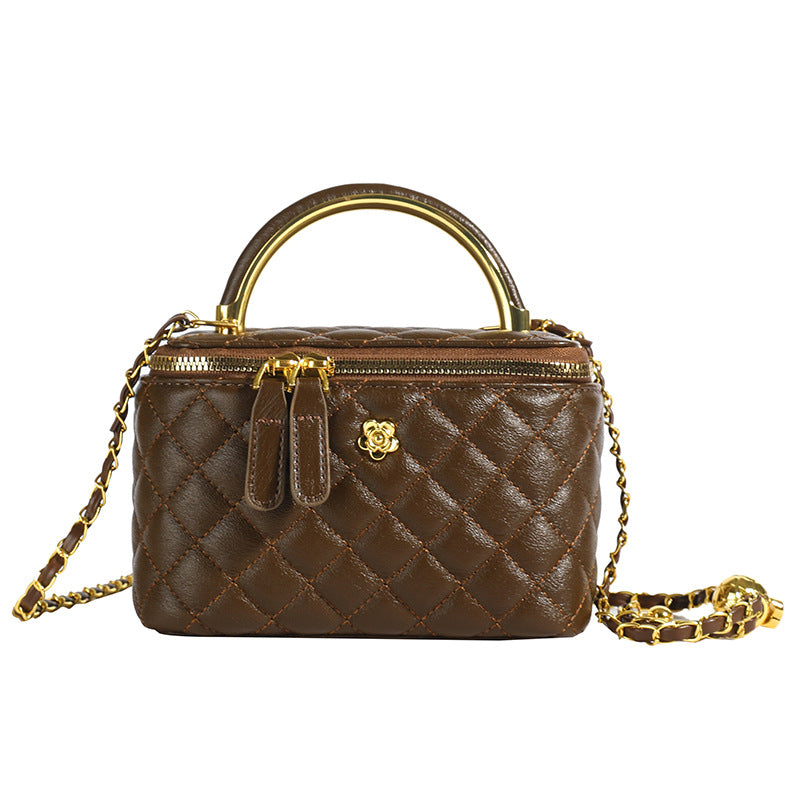 Elegant Quilted Evening Mini Box Handbag Chain Strap Metal Handle Brown