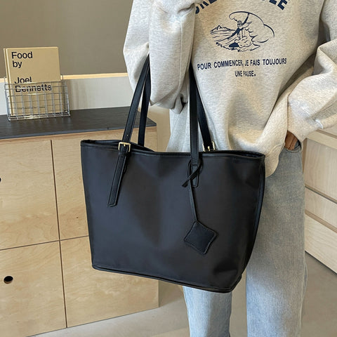 Nylon Tote Shoulder Bag Handbag Faux PU Leather Trim Zip Top Casual Black