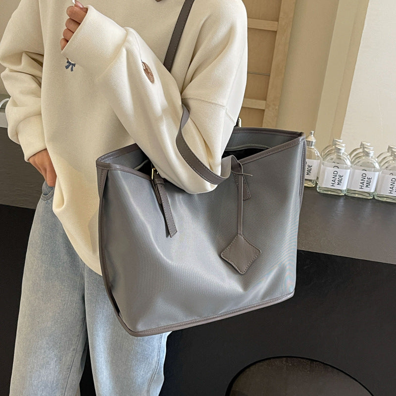 Nylon Tote Shoulder Bag Handbag Faux PU Leather Trim Zip Top Casual Grey