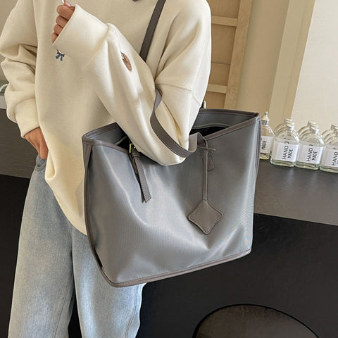 Nylon Tote Shoulder Bag Handbag Faux PU Leather Trim Zip Top Casual Grey