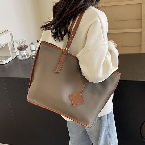 Nylon Tote Shoulder Bag Handbag Faux PU Leather Trim Zip Top Casual Brown