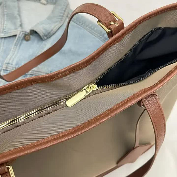 Nylon Tote Shoulder Bag Handbag Faux PU Leather Trim Zip Top Casual Brown