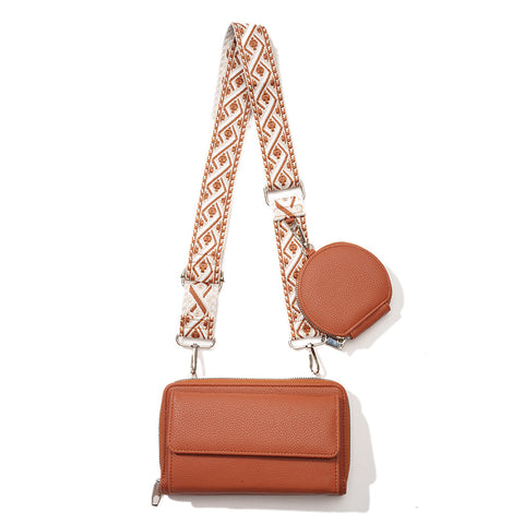 2 Piece Phone Crossbody Shoulder Bag Coin Purse Wide Strap Brown