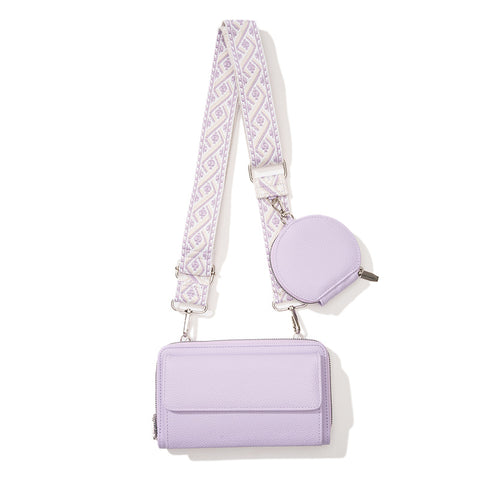 2 Piece Phone Crossbody Shoulder Bag Coin Purse Wide Strap Light Purple Lilac