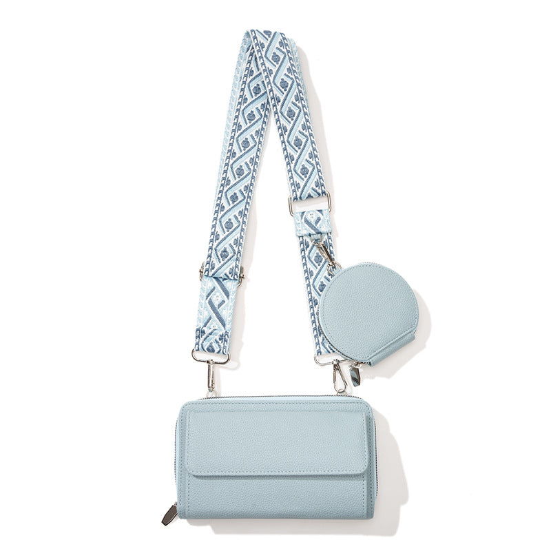 2 Piece Phone Crossbody Shoulder Bag Coin Purse Wide Strap Light Blue