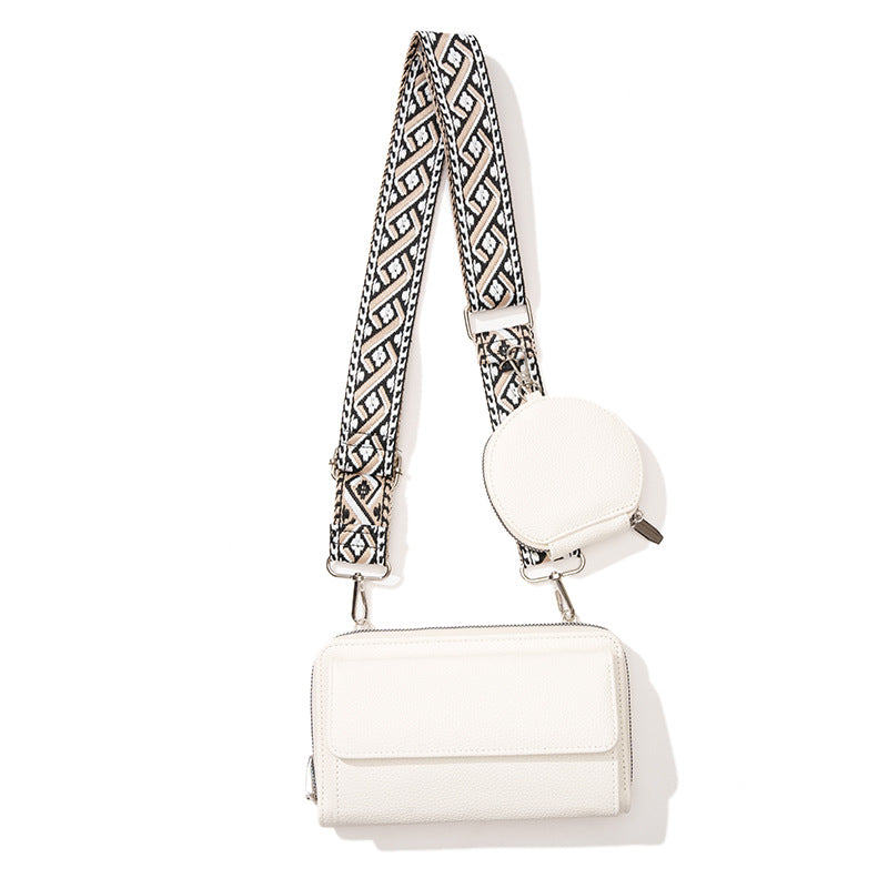 2 Piece Phone Crossbody Shoulder Bag Coin Purse Wide Strap White