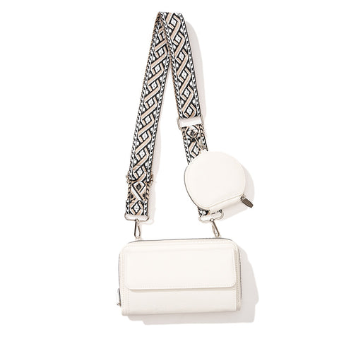 2 Piece Phone Crossbody Shoulder Bag Coin Purse Wide Strap White