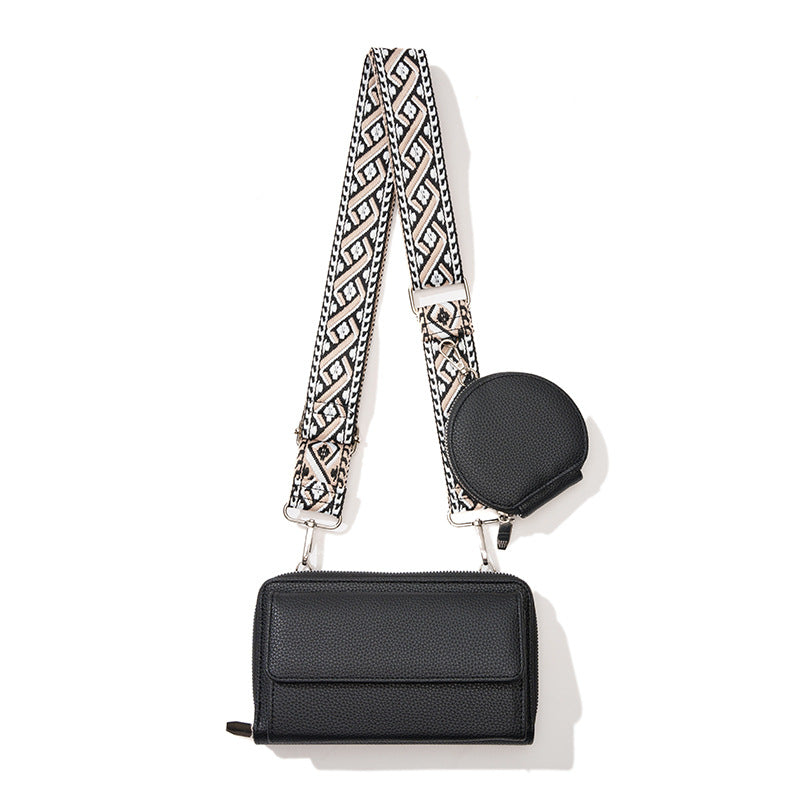 2 Piece Phone Crossbody Shoulder Bag Coin Purse Wide Strap Black