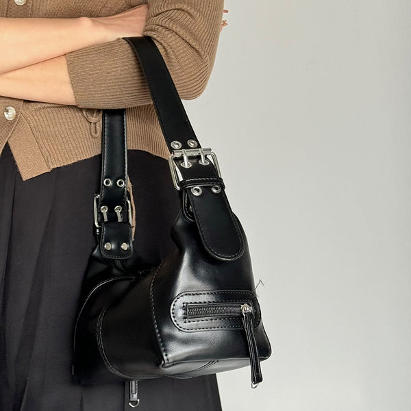 Faux PU Leather Underarm Shoulder Bag Handbag Compact Multi Pocket Black