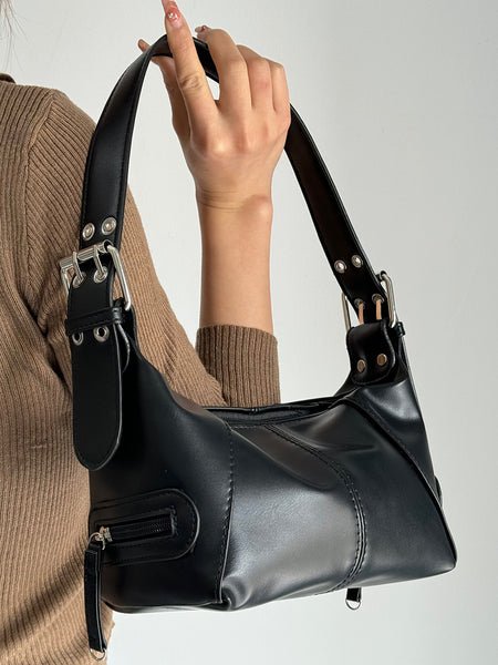Faux PU Leather Underarm Shoulder Bag Handbag Compact Multi Pocket Black