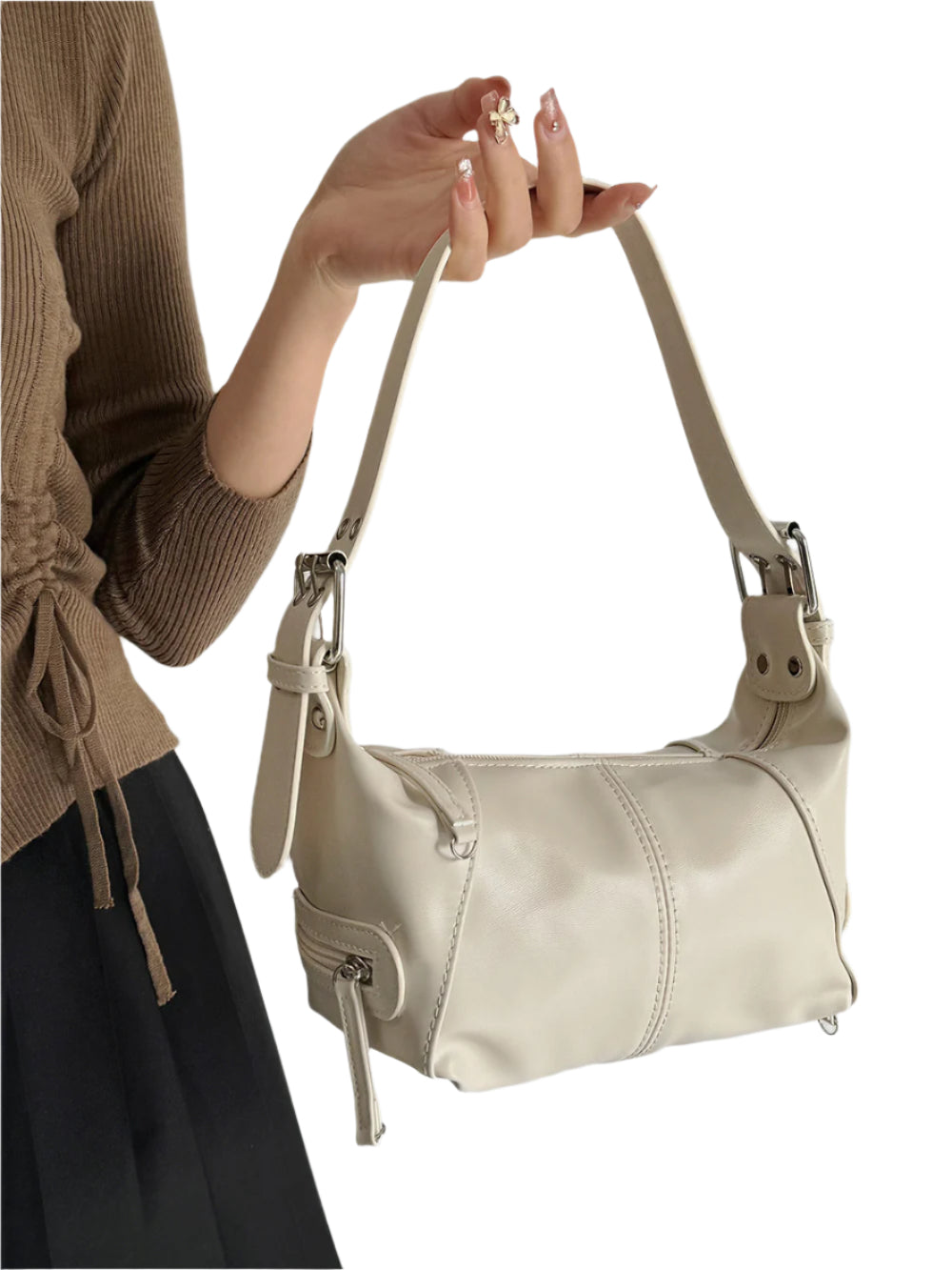 Faux PU Leather Underarm Shoulder Bag Handbag Compact Multi Pocket Off White