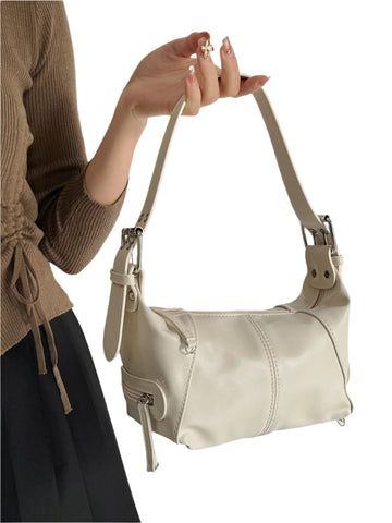 Faux PU Leather Underarm Shoulder Bag Handbag Compact Multi Pocket Off White
