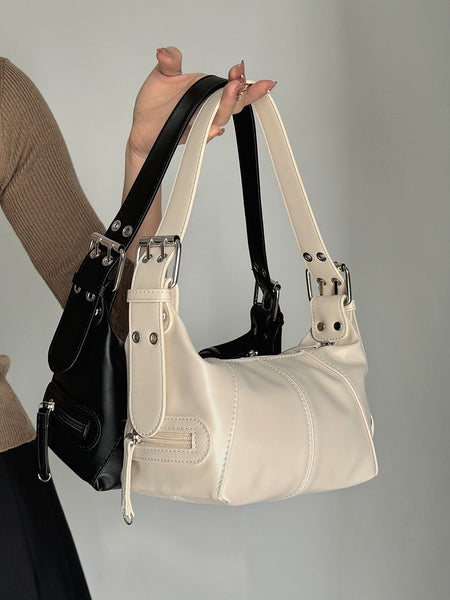 Faux PU Leather Underarm Shoulder Bag Handbag Compact Multi Pocket Off White