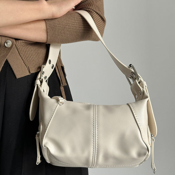 Faux PU Leather Underarm Shoulder Bag Handbag Compact Multi Pocket Off White