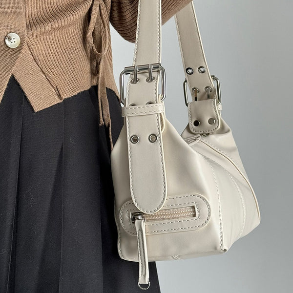 Faux PU Leather Underarm Shoulder Bag Handbag Compact Multi Pocket Off White