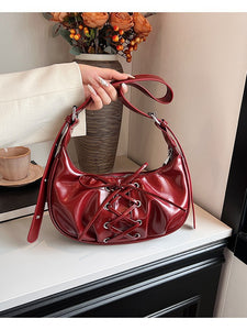 Laced Bowknot Design PU Leather Underarm Shoulder Bag Handbag Red