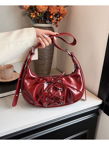 Laced Bowknot Design PU Leather Underarm Shoulder Bag Handbag Red